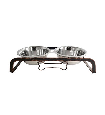 Rustic Elevated Dog Bone Feeder With 2 Stainless Steel Bowls